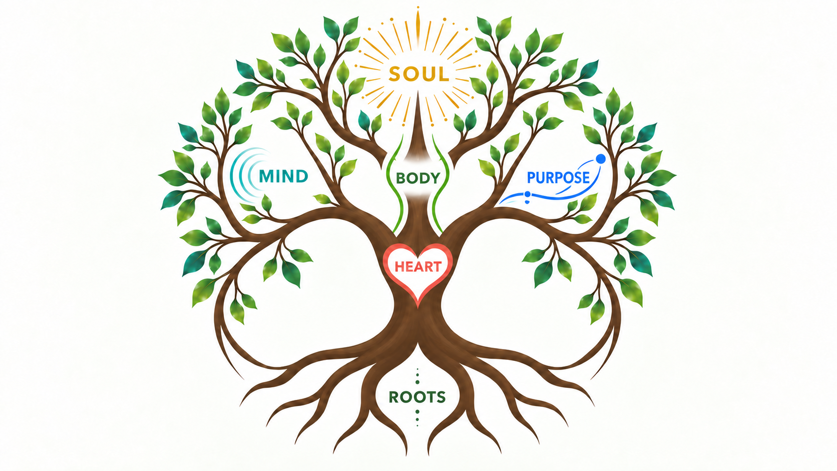Modern Tree of Life showing six connected areas: Roots, Heart, Body, Mind, Soul and Purpose.