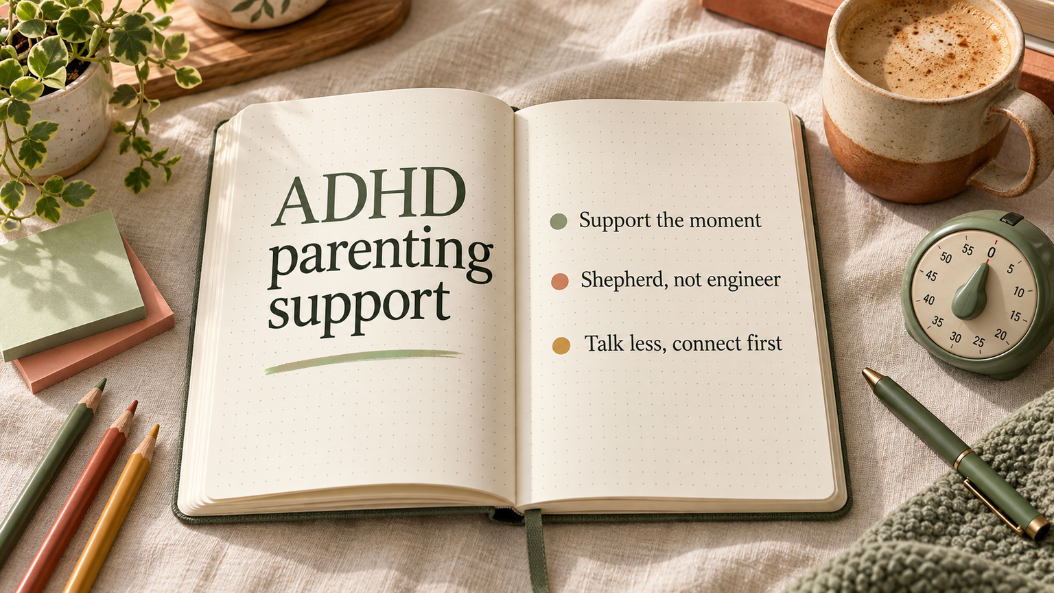 Open dotted-grid notebook with ADHD parenting support notes about supporting the moment, shepherding and connection.