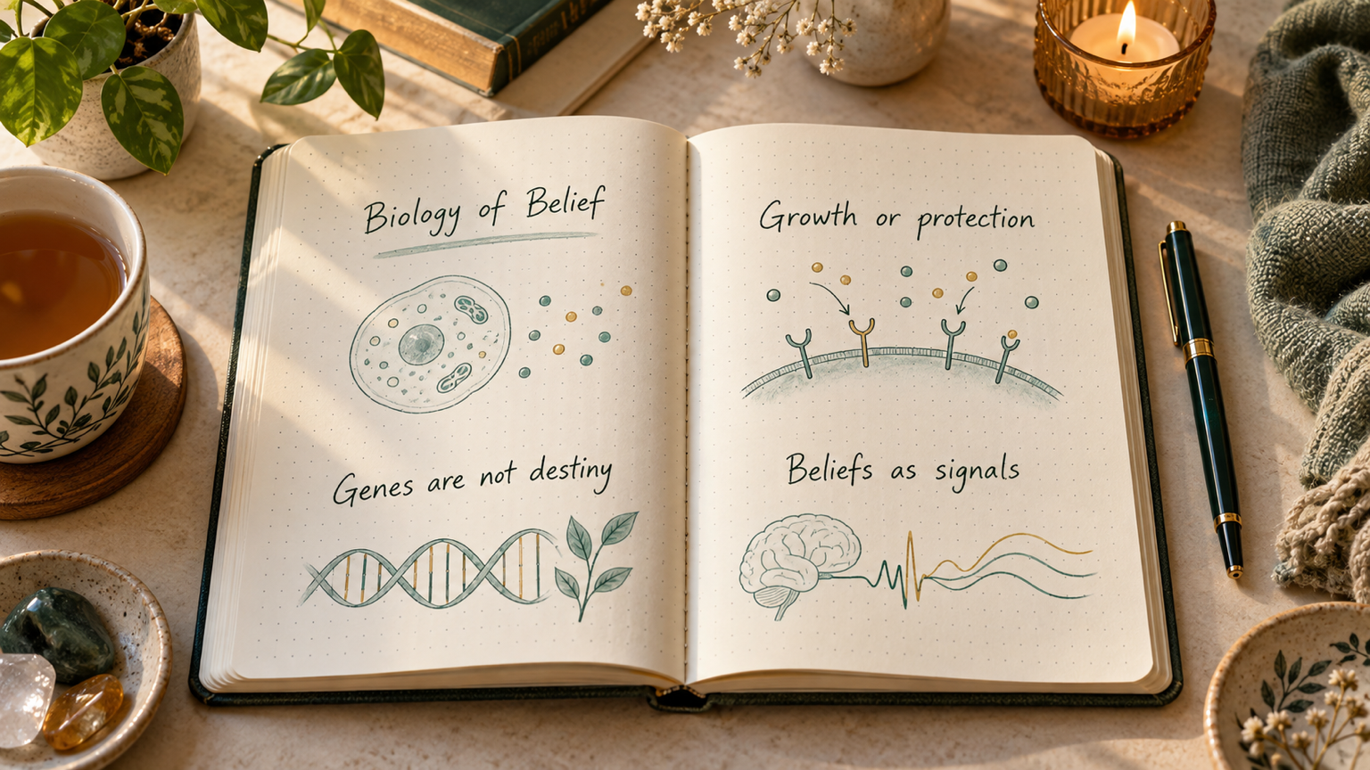 Open notebook notes on The Biology of Belief, with warm desk objects and gentle cell-inspired sketches