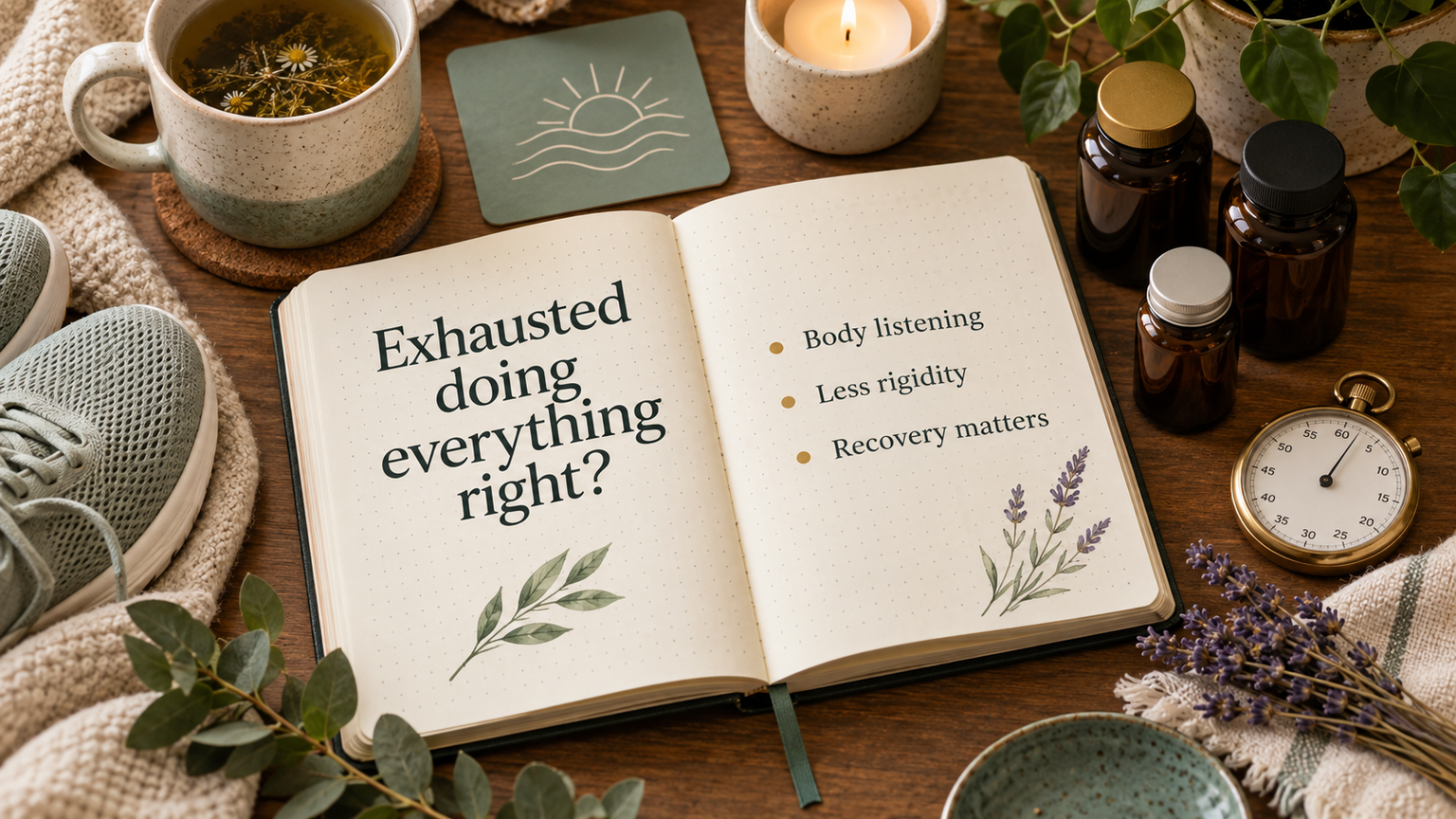 Open dotted-grid notebook with notes on being exhausted doing everything right, body listening and recovery.