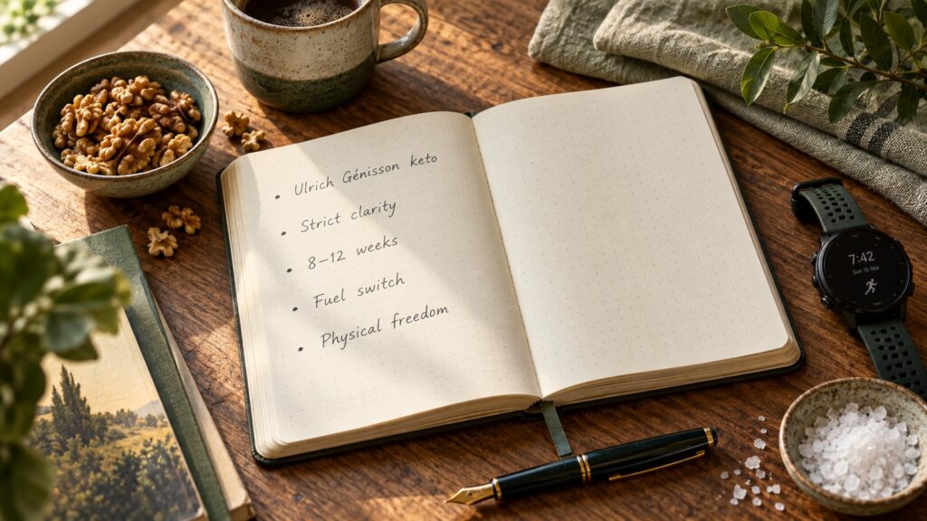 Open dotted-grid notebook with notes on Ulrich Génisson keto, strict clarity, fuel switching and physical freedom