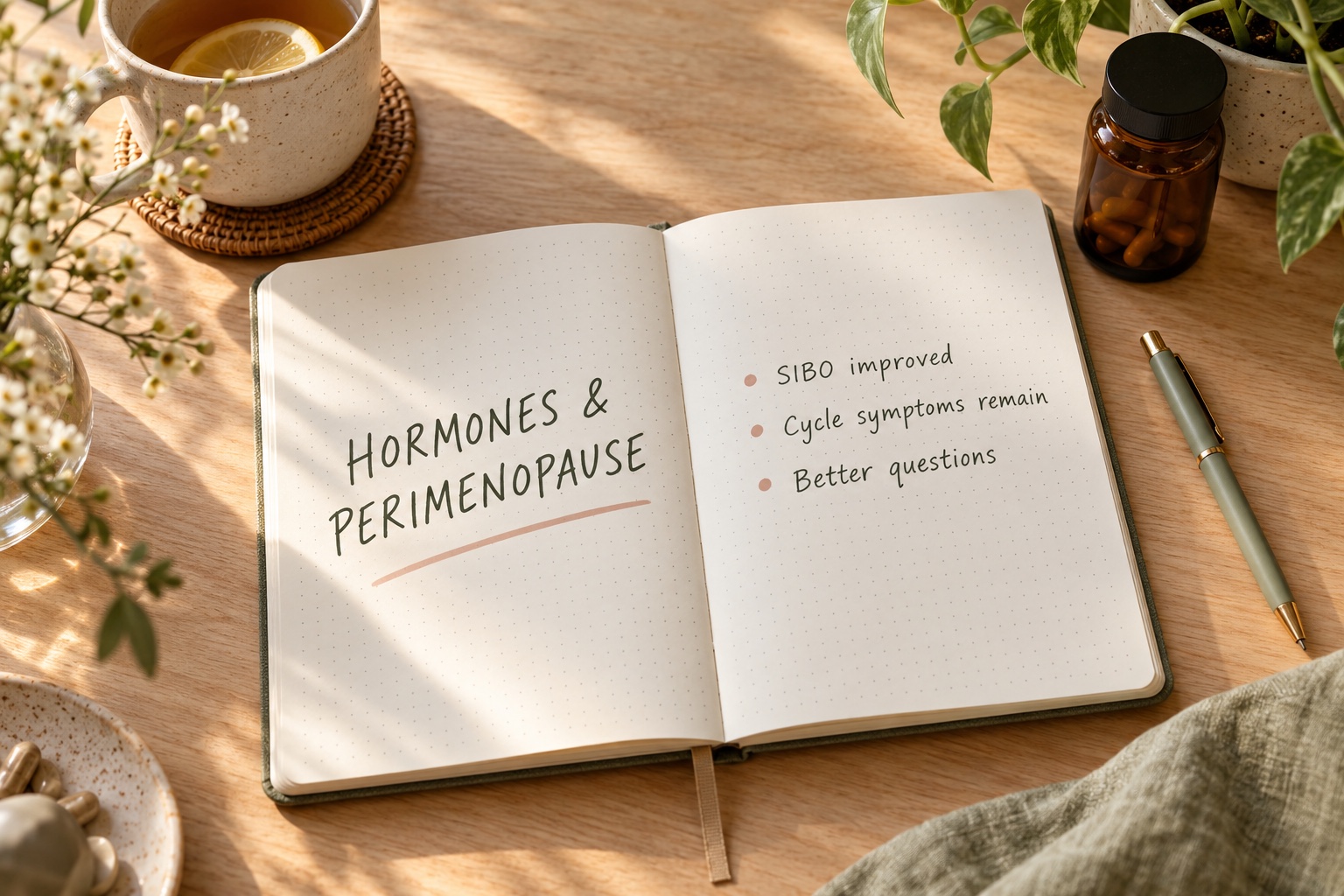 Perimenopause and SIBO notes in an open dotted-grid journal: digestion improved, cycle symptoms remain and better questions.