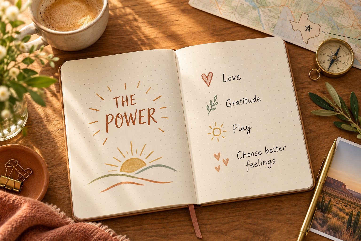 The Power book notes in an open dotted-grid journal about love, gratitude, play and choosing better feelings.